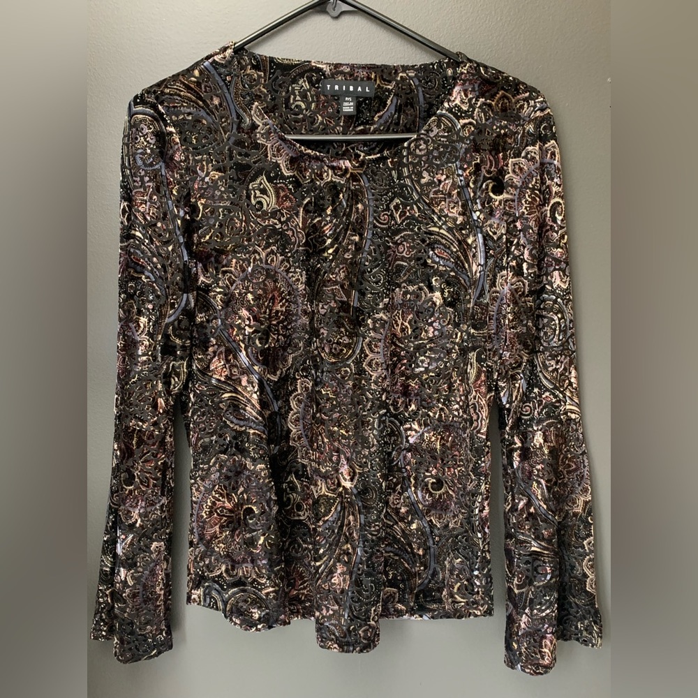 TRIBAL Women’s Elastic Velvet Top With Bell Style Sleeves -Size:S | Black Chrome - Picture 2 of 6